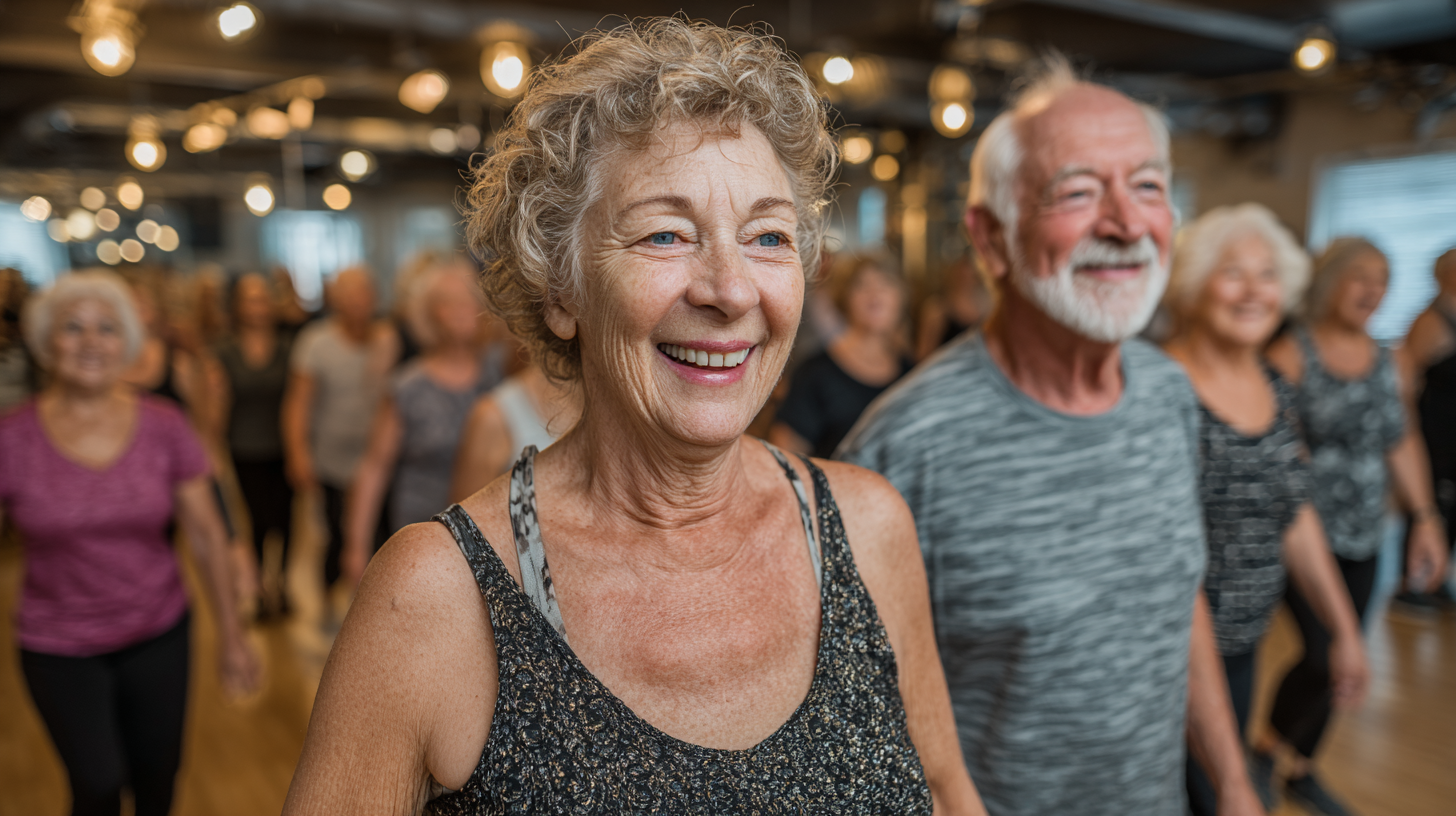 Група старших людей займається творчим фітнесом в студії